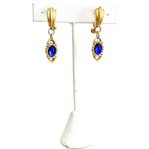 Elegant Gold and Blue Sapphire Dangle Earrings Clip on Victorian Style